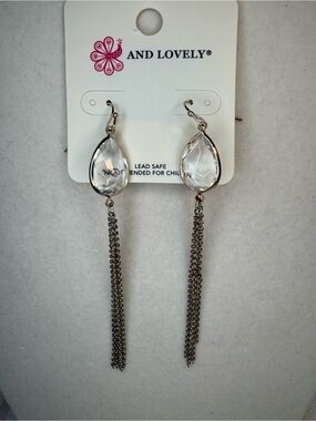 New And Lovely Clear Teardrop Crystal Drop Earrings with Gold Chain Tassels